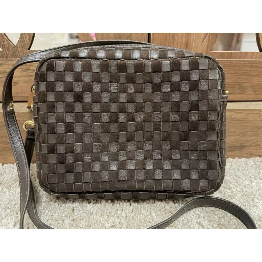 Clare V. Midi Sac in Mahogany Nappa & Suede Woven Checker